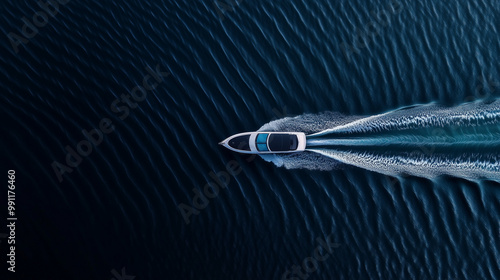 Drone Shot of a Sleek White Speedboat Carving a Dramatic Path Through Vibrant Blue Ocean Waters, Perfect for Summer Adventure Imager