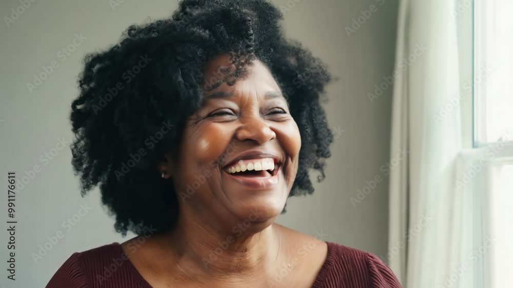 Static video, natural window light, close-up of a middle-aged black woman expressing joy Static video, natural window light, close-up of a middle-aged black woman expressing joy