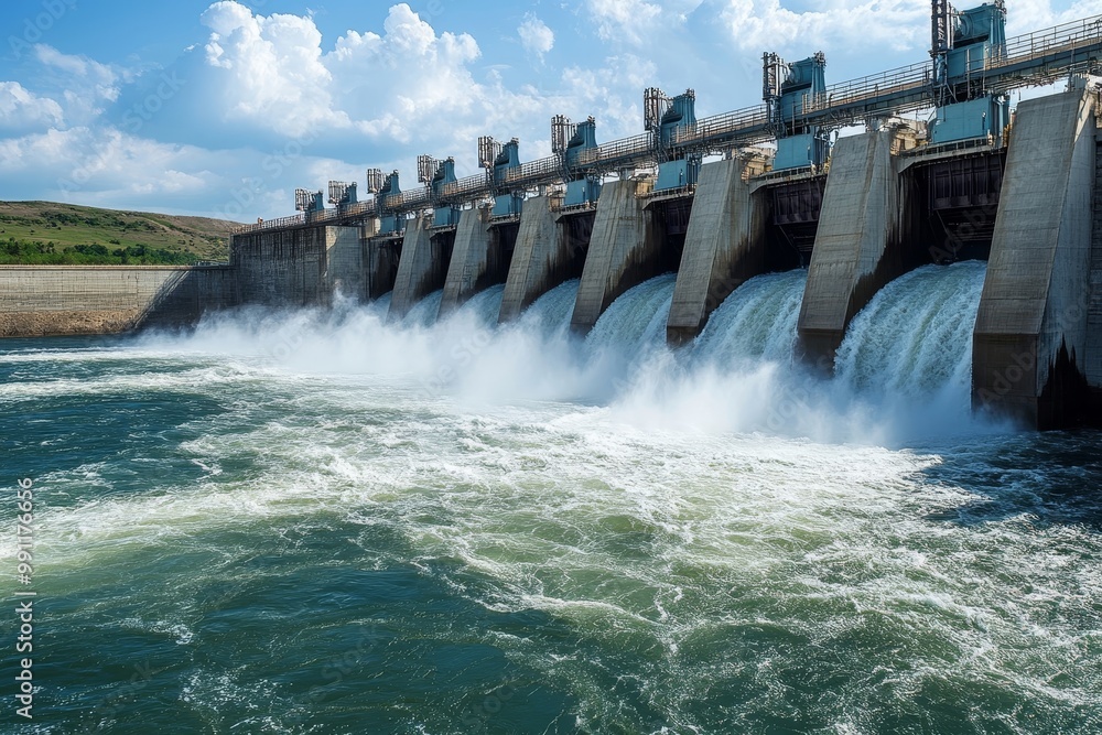 Hydroelectric dam with rushing water and turbines turning. Hydroelectric dam with rushing water and turbines turning.