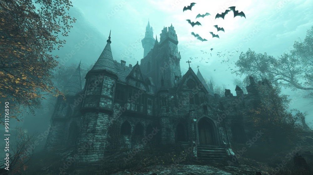 A majestic castle sits atop a hill, surrounded by bats soaring around it A majestic castle sits atop a hill, surrounded by bats soaring around it