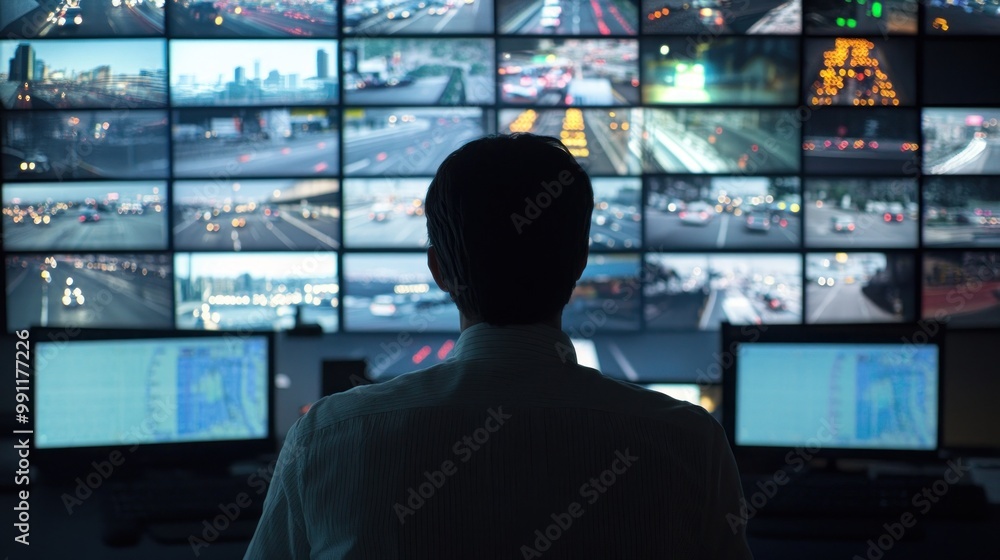 A person monitors multiple screens displaying traffic and city scenes in a control room. A person monitors multiple screens displaying traffic and city scenes in a control room.