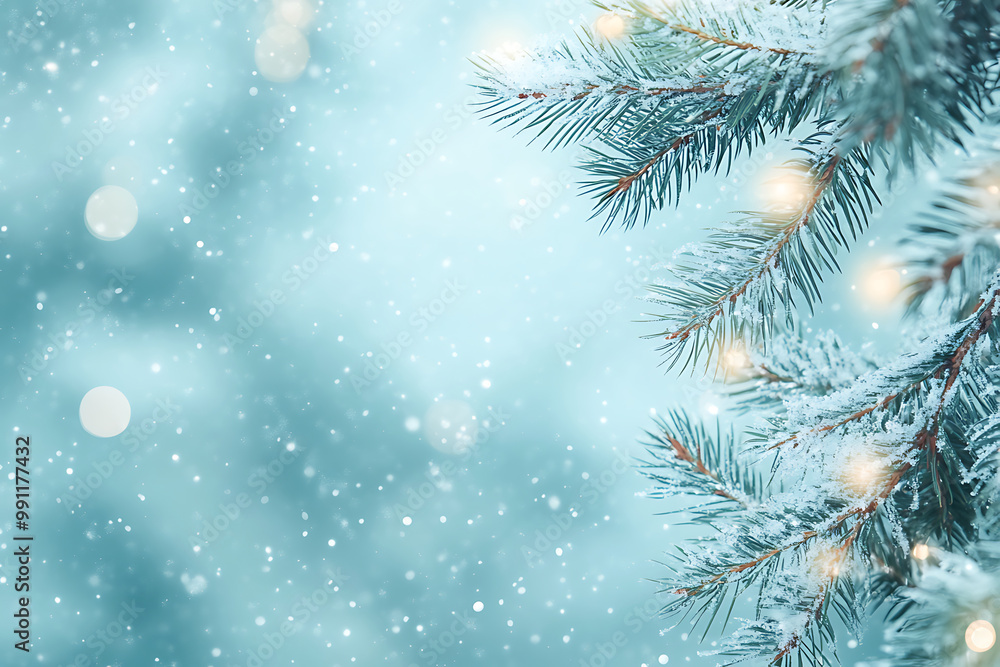 Sky Blue Christmas Background with Snow-Covered Trees Sky Blue Christmas Background with Snow-Covered Trees