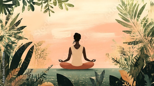 A serene figure meditates amidst lush greenery, embodying tranquility and mindfulness as they connect with nature during a peaceful sunset. photo