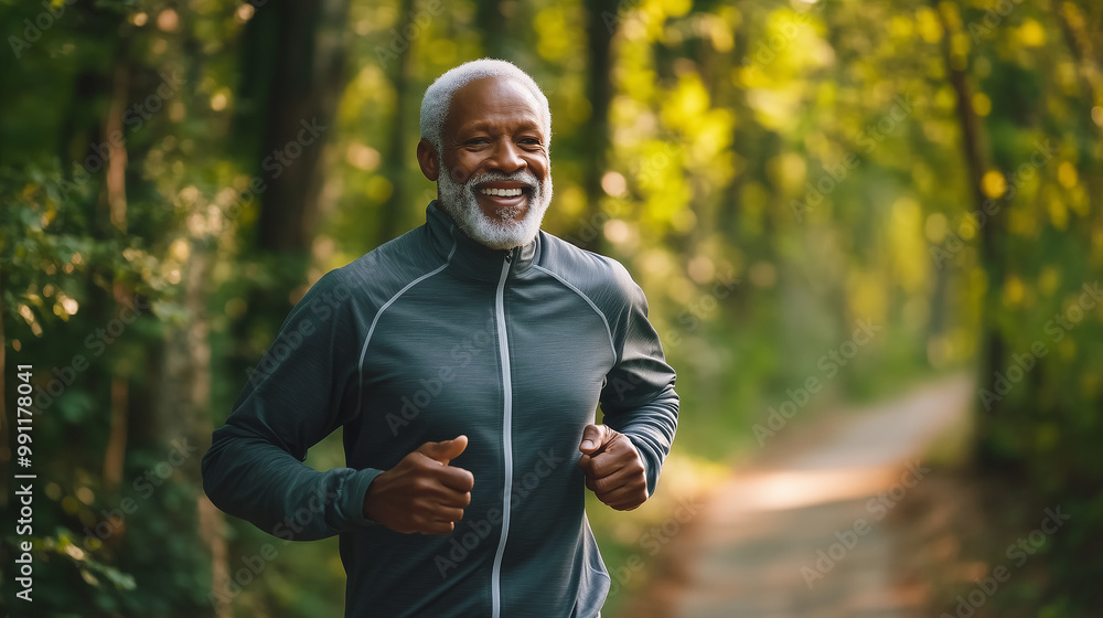 Obraz premium Senior Man Smiling While Jogging in the Woods
