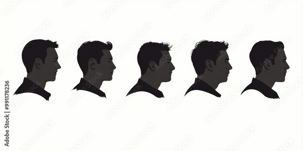 Silhouettes of five male heads in profile view, side-by-side arrangement, each with varying hairstyles and face shapes on a white background. Silhouettes of five male heads in profile view, side-by-side arrangement, each with varying hairstyles and face shapes on a white background.