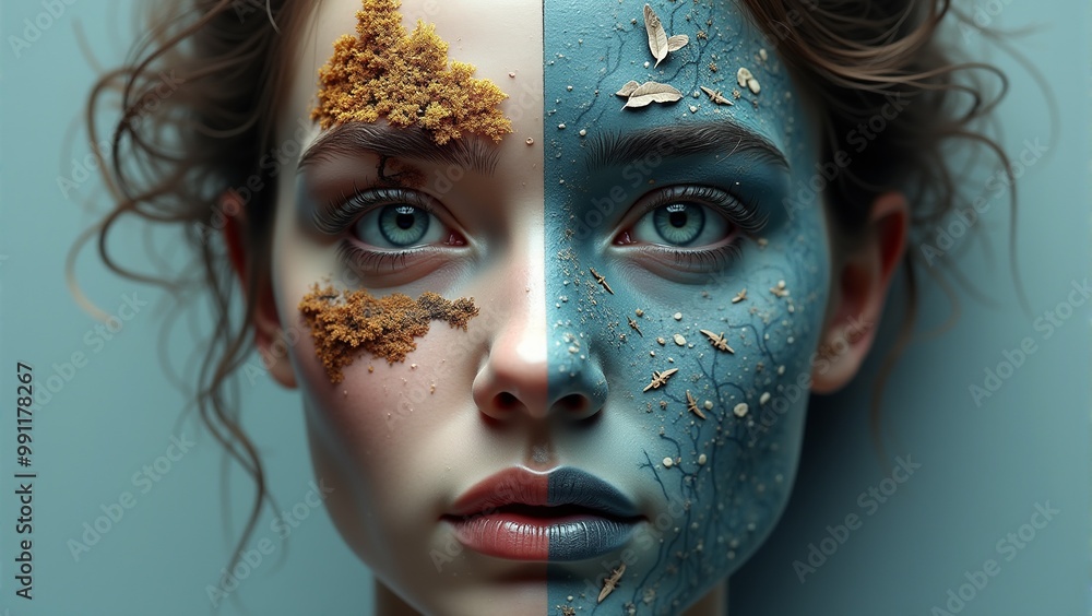 A woman's face is half painted land, half sea