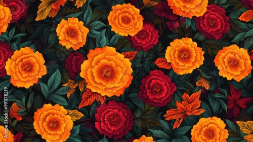 A lush marigold floral pattern, with intricate detailing and bright colors, forming a beautiful, nature-themed background