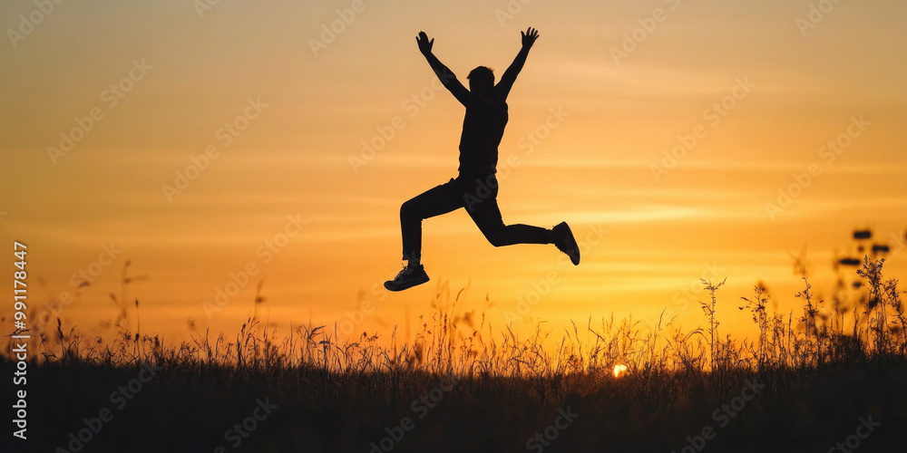 custom made wallpaper toronto digitalSilhouette of a man mid-jump during a sunset, with arms raised, set against a glowing orange sky and a grassy landscape in the foreground.
