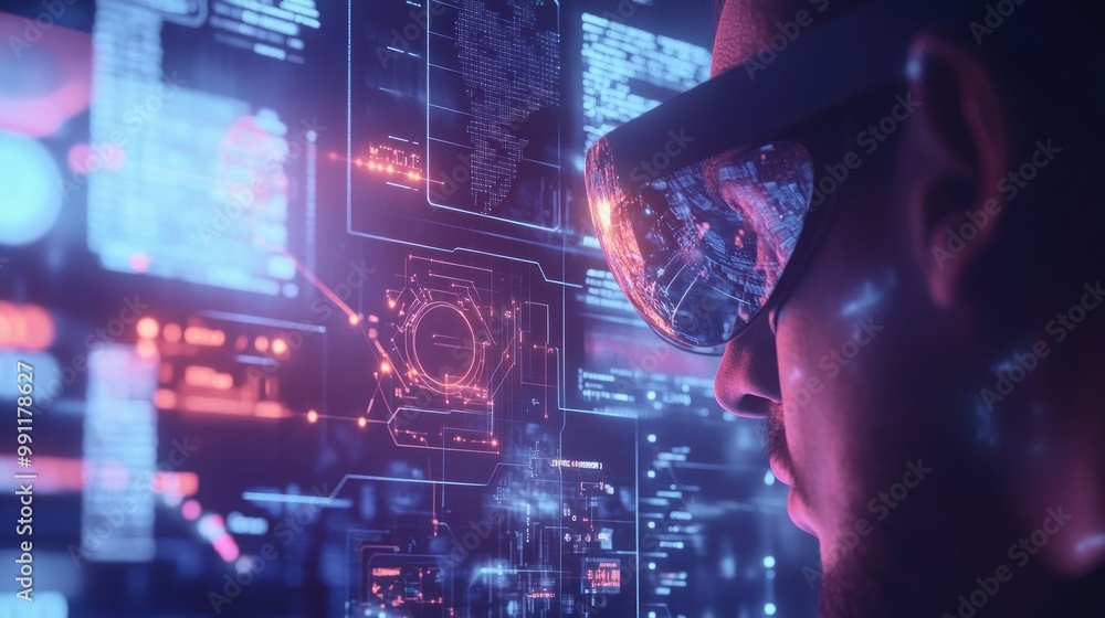 A person wearing augmented reality glasses interacts with digital data and holographic displays. A person wearing augmented reality glasses interacts with digital data and holographic displays.
