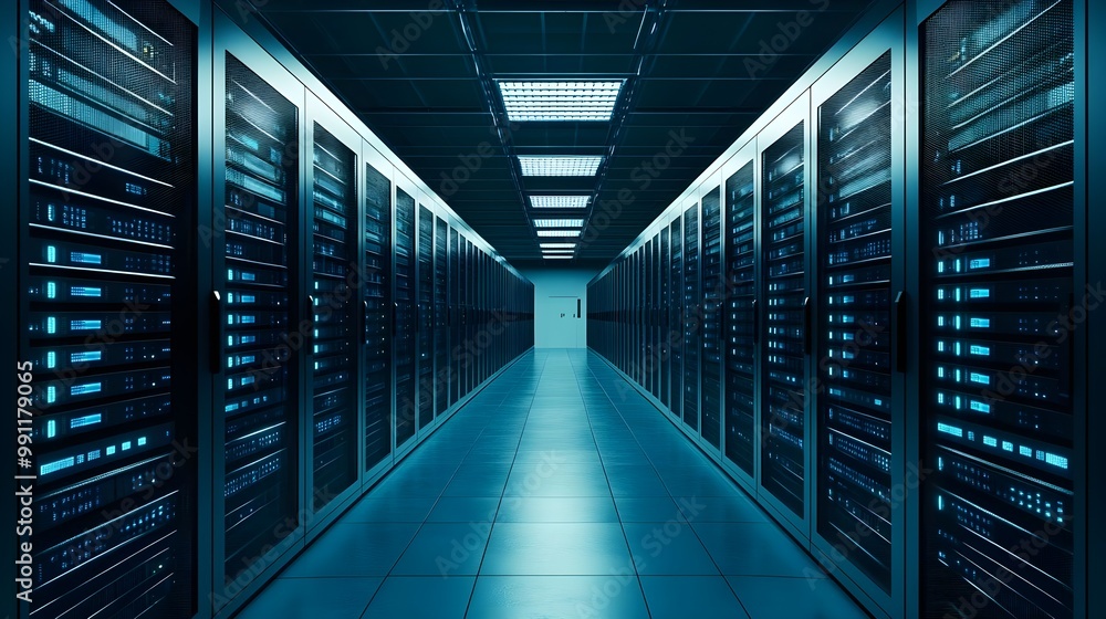 Server room interior with aligned server racks and blue lighting. Server room interior with aligned server racks and blue lighting.
