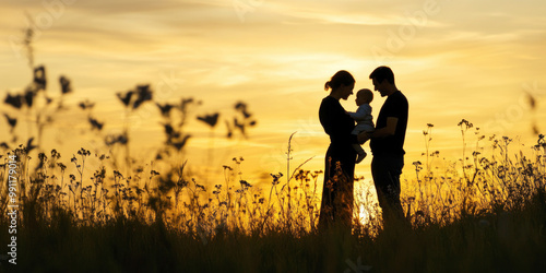 Silhouette of parents with their baby in a field at sunset, surrounded by tall grasses and flowers, emphasizing their bond in nature.