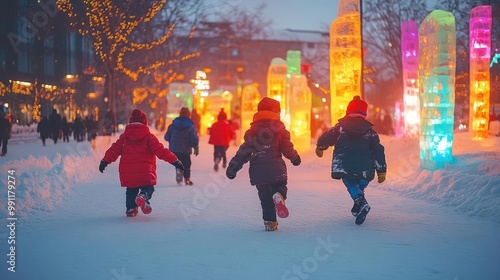 Children play joyfully in the snow, surrounded by colorful ice sculptures and festive lights during a magical winter evening.