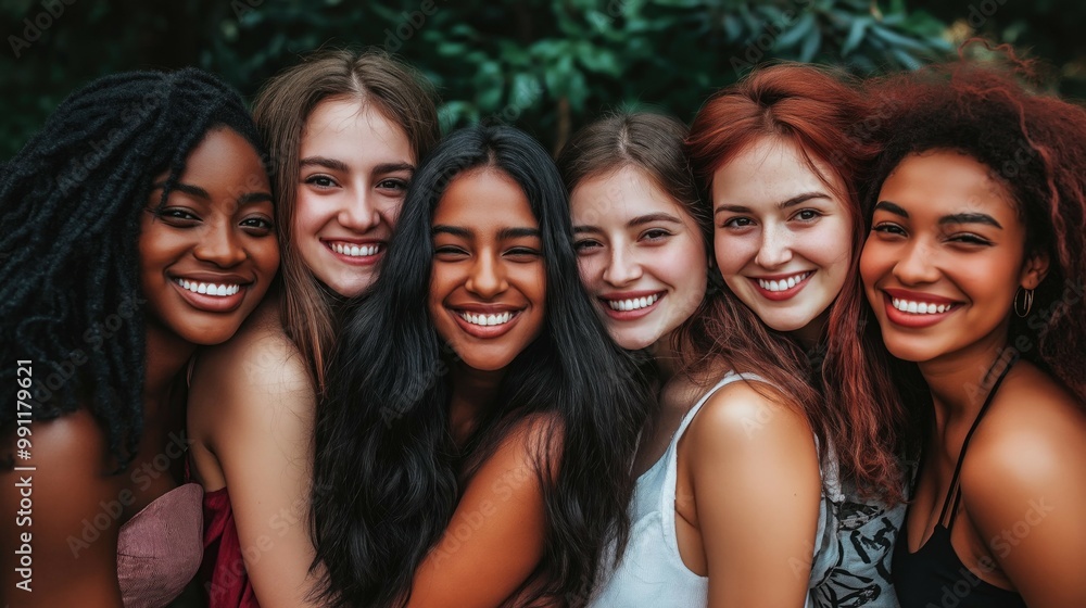Fototapeta premium A close-up of six smiling friends enjoying time together in a natural outdoor setting.