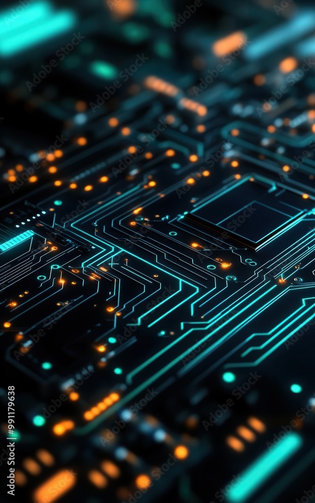 3D illustration of a blue and green abstract PCB Printed Circuit Board background 3D illustration of a blue and green abstract PCB Printed Circuit Board background