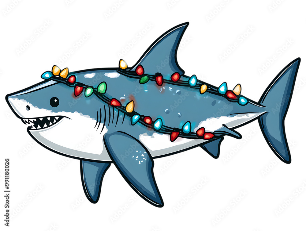 Christmas Shark with Colorful Holiday Lights Underwater