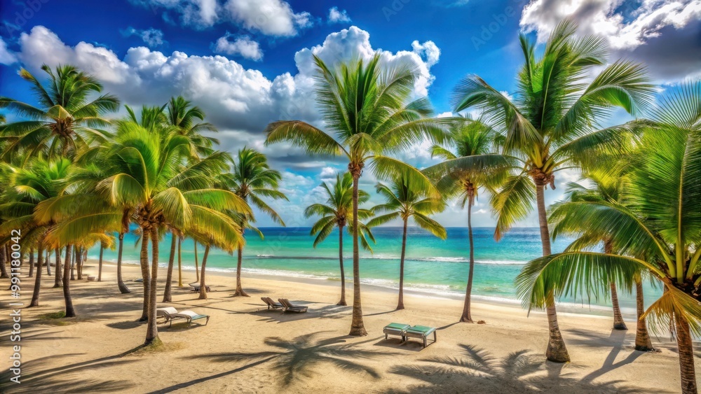 Breathtaking view of palm-lined beach in luxurious tropical resort Breathtaking view of palm-lined beach in luxurious tropical resort