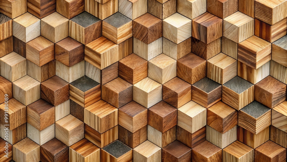 An ornate wooden mosaic of textured cubes, ideal for elegant surface designs An ornate wooden mosaic of textured cubes, ideal for elegant surface designs