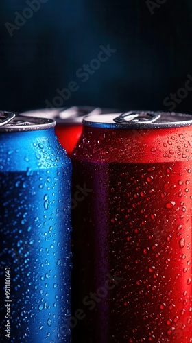 Perfectly aligned red and blue soda cans photo