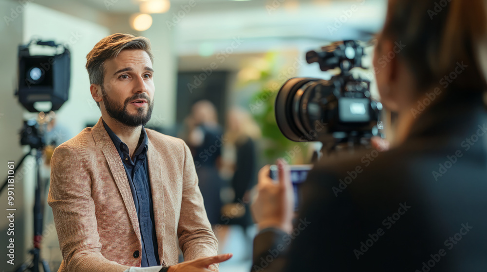 A company representative fielding tough questions from a journalist during a televised crisis interview A company representative fielding tough questions from a journalist during a televised crisis interview