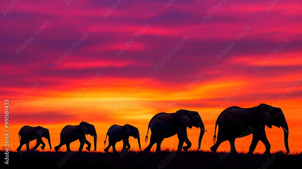 Fototapeta premium Silhouetted elephants walking against a stunning sunset backdrop.