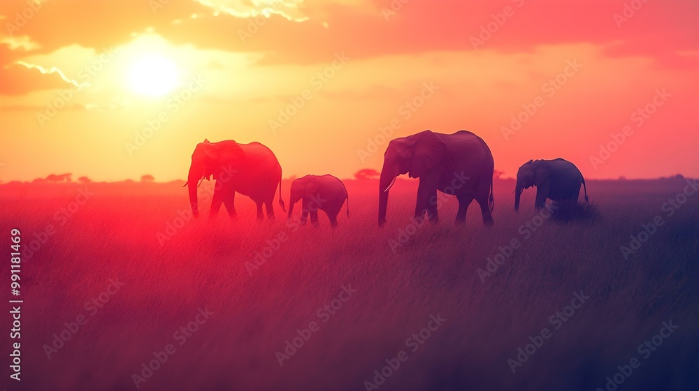 Fototapeta premium Silhouetted elephants walking during a vibrant sunset in the savannah.