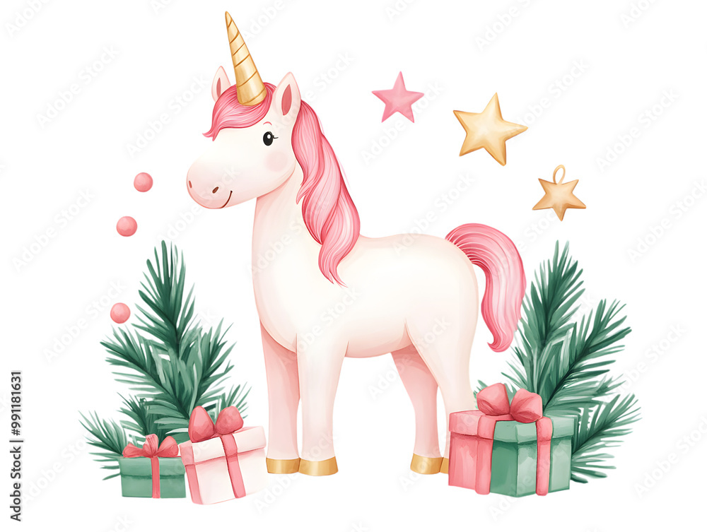 Naklejka premium Cute Unicorn with Christmas Decorations in Fantasy Style