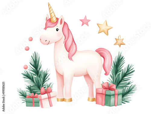 Cute Unicorn with Christmas Decorations in Fantasy Style