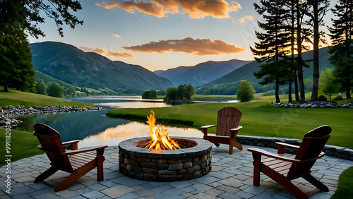 Fototapeta Naklejka Na Ścianę i Meble -  Cozy fire pit on a stone patio overlooking a lake and mountains at sunset.