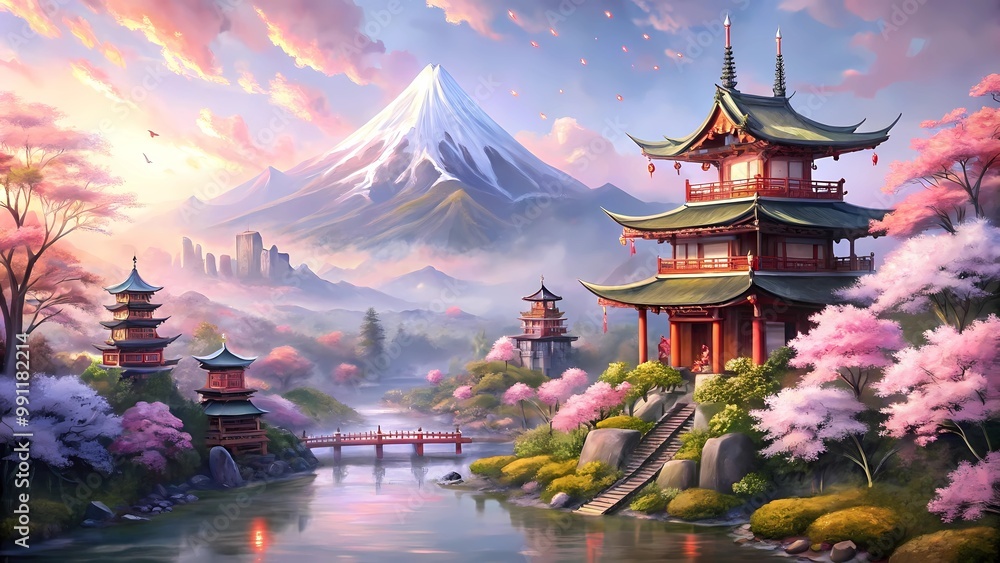 Fototapeta premium fantasy illustration of natural field in japan, river, mountain and forest