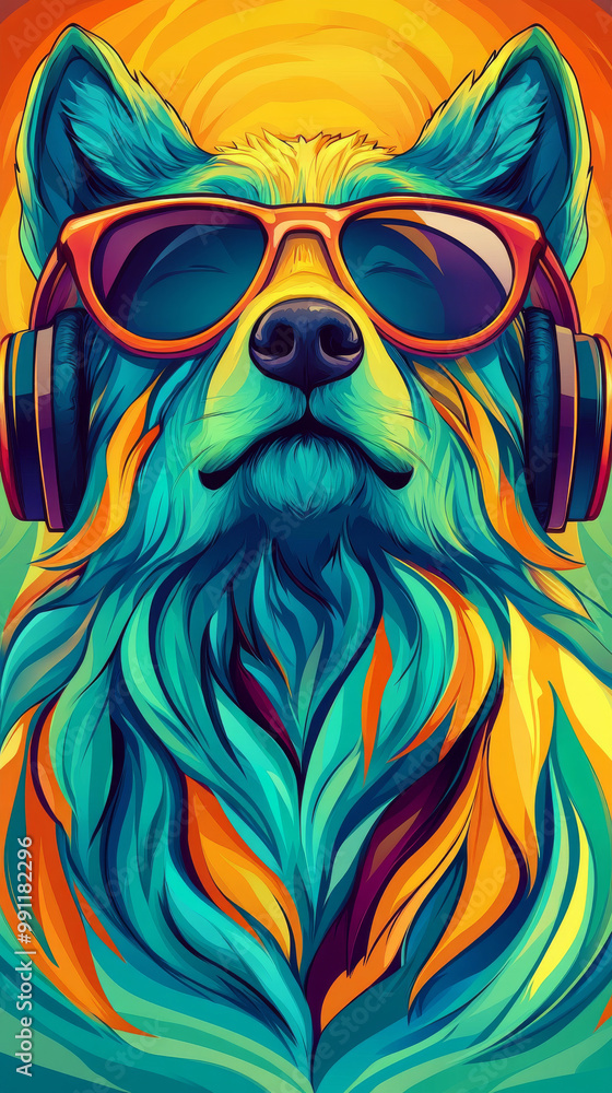 Cool dog wearing headphones and sunglasses. Cool dog wearing headphones and sunglasses.
