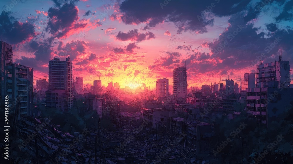 Fototapeta premium Wide-angle view of a crumbling cityscape, nature reclaiming concrete, twilight hues embracing shadows