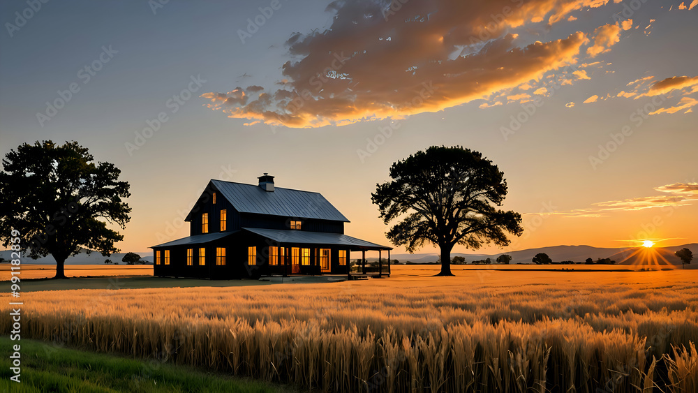A farmhouse with glowing windows stands in a field of golden wheat at sunset. A farmhouse with glowing windows stands in a field of golden wheat at sunset.