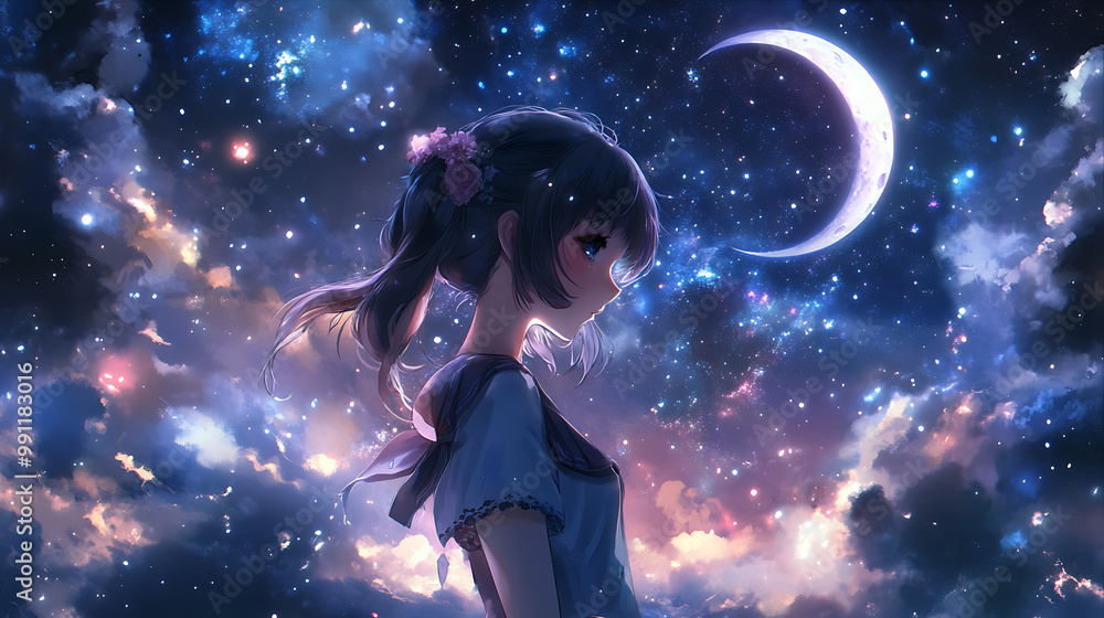 Anime girl in a dreamy celestial setting, with a background of stars and a crescent moon Anime girl in a dreamy celestial setting, with a background of stars and a crescent moon