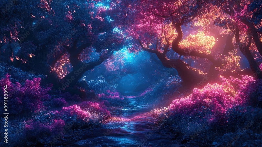 Wide-angle view of a fantasy forest merging with a dreamscape Wide-angle view of a fantasy forest merging with a dreamscape