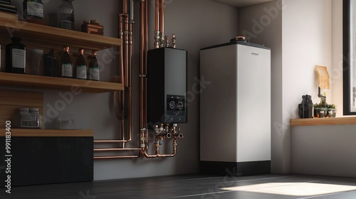 A modern tankless water heater, featuring copper pipes and a sleek design, installed in a neat basement photo