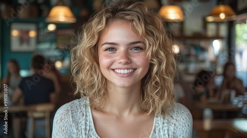 young woman with blonde curly hair smiling at the camera in a lively indoor setting, her friendly and natural expression shining through in a candid portrait with a busy background