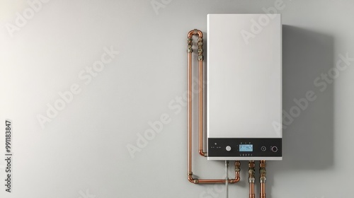 A modern tankless water heater, mounted on the wall in a pristine utility room, with copper pipes neatly connected photo