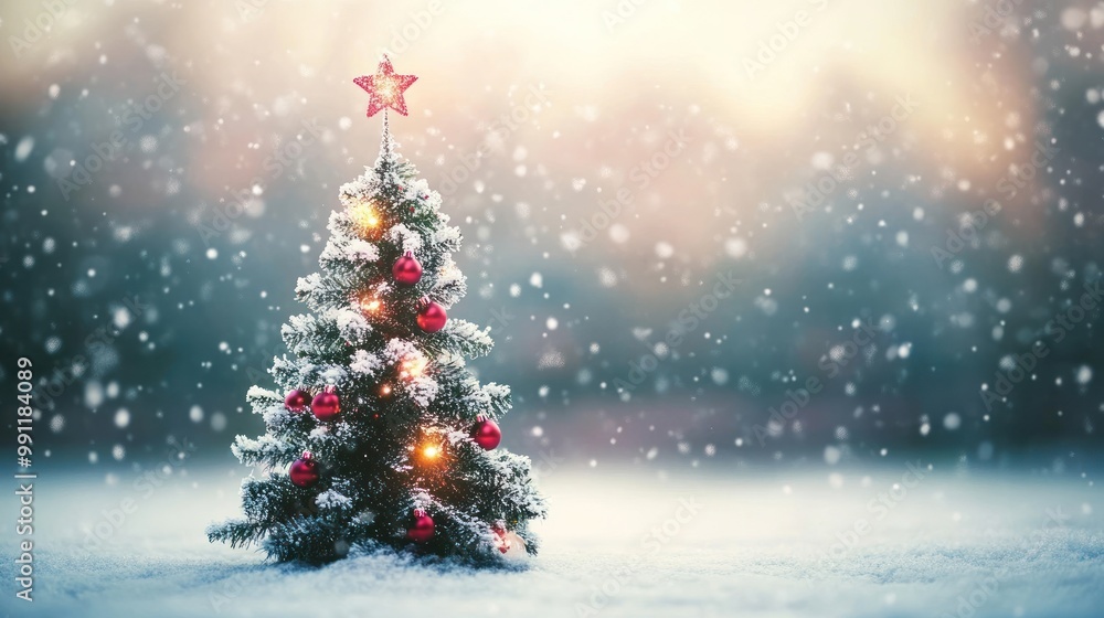 A festive Christmas tree adorned with decorations, set against a snowy background. A festive Christmas tree adorned with decorations, set against a snowy background.
