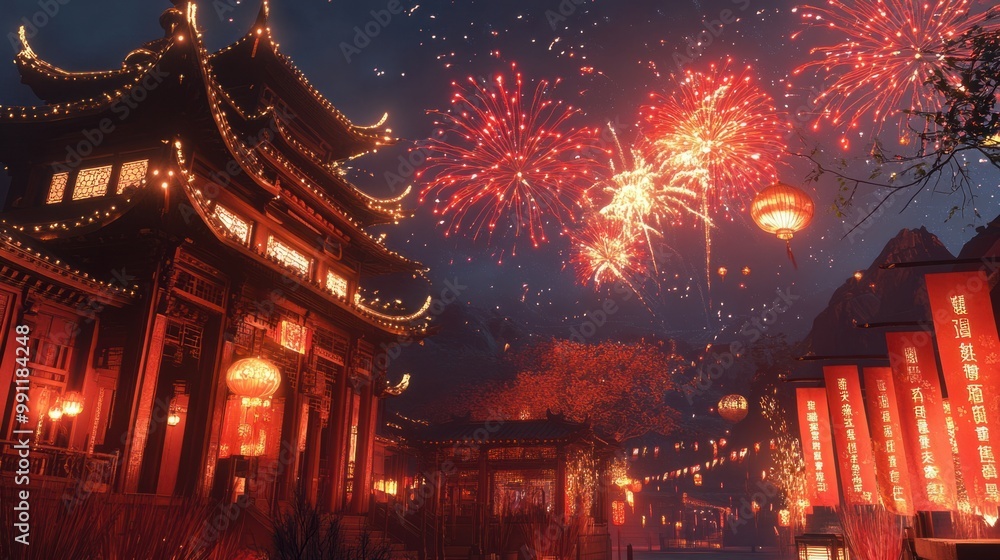Fototapeta premium A vibrant display of red and gold fireworks illuminating a traditional Chinese pavilion, surrounded by festive New Year banners.