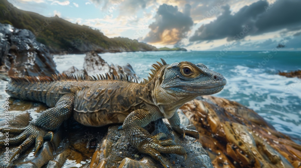 Weathered Reptile Perched on Rugged Coastal Rocks Facing Stormy Seas Weathered Reptile Perched on Rugged Coastal Rocks Facing Stormy Seas