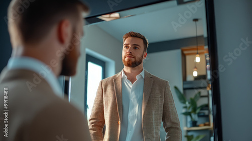 A presenter rehearsing their speech in front of a mirror, preparing for an important business meeting