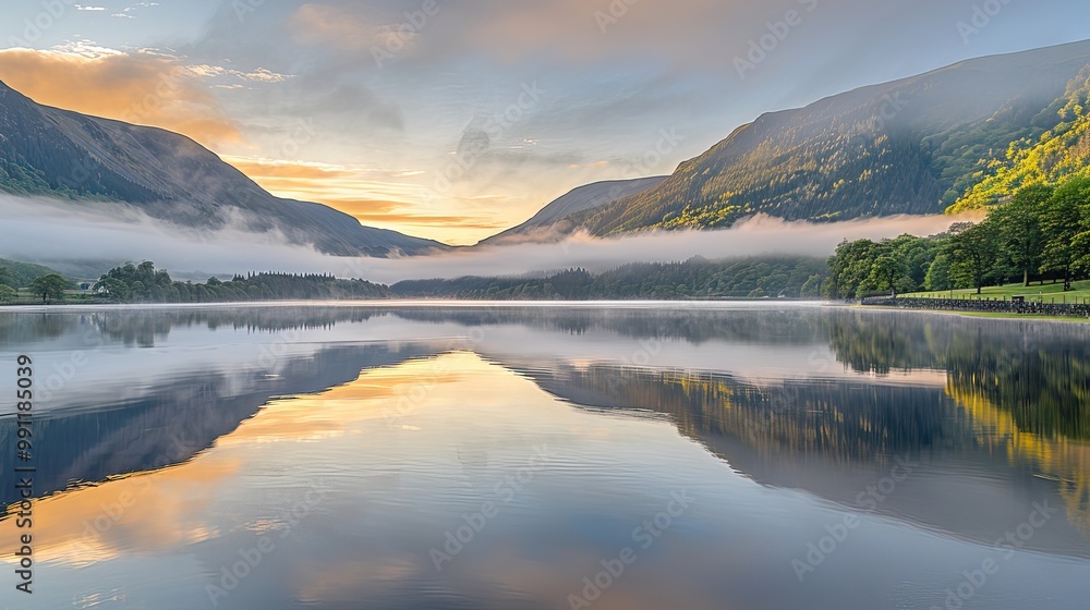 Obraz premium Golden Sunrise Over Misty Mountains: Tranquil Lake Reflections and an Inviting Path to Explore