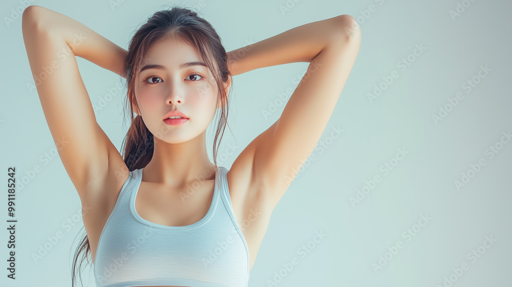 Fototapeta premium Woman Stretching with Hands Behind Head in Sports Bra