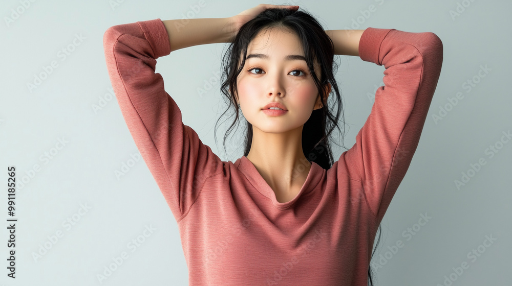 Woman Posing with Hands Behind Head in Pink Top Woman Posing with Hands Behind Head in Pink Top