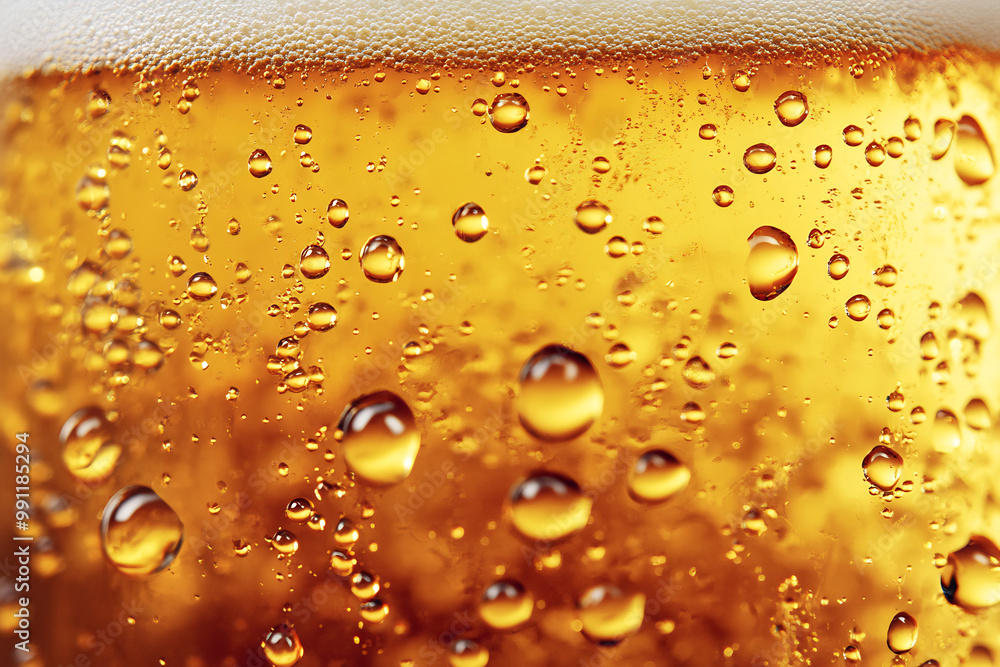 Close-up of beer bubbles and frothy foam, highlighting the refreshing golden liquid Close-up of beer bubbles and frothy foam, highlighting the refreshing golden liquid