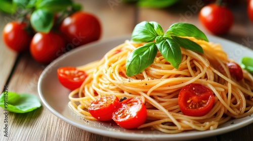 A colorful plate of spaghetti with fresh tomatoes and basil