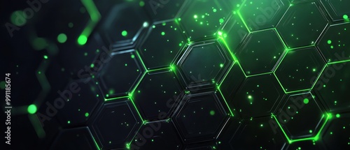 Abstract green hexagonal pattern with glowing elements on a dark background.