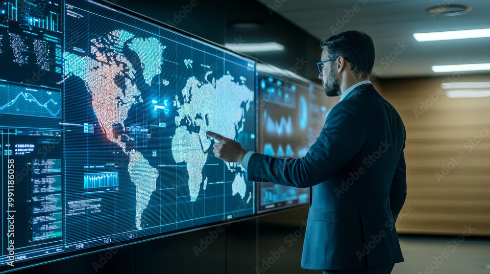 A professional monitoring breaking news on a large screen, coordinating the company's crisis response A professional monitoring breaking news on a large screen, coordinating the company's crisis response