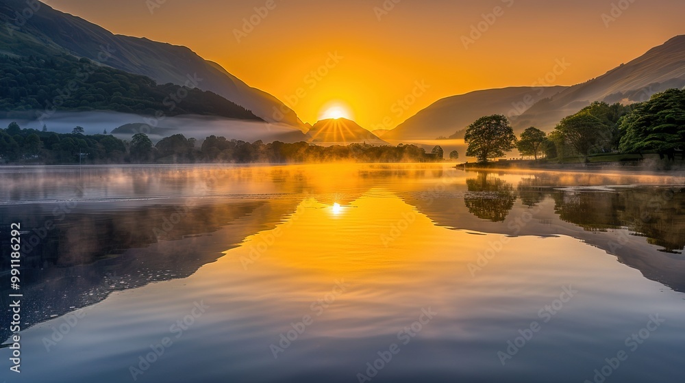 Golden Sunrise Over Misty Mountains: Tranquil Lake Reflections and an Inviting Path to Explore