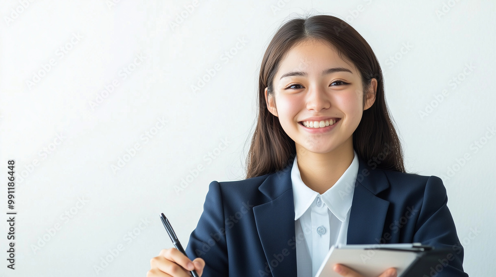 Smiling Girl with Tablet in Formal Attire Smiling Girl with Tablet in Formal Attire